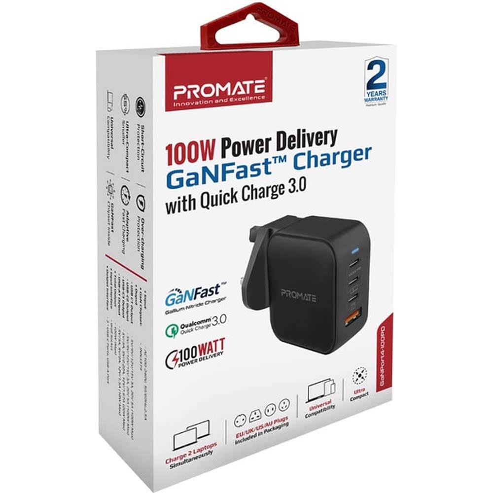 Incarcator retea PROMATE GaNPort4-100PD, 1xUSB-A, 3xUSB-C, priza UK, EU, AU, Power delivery (PD) 100W, negru