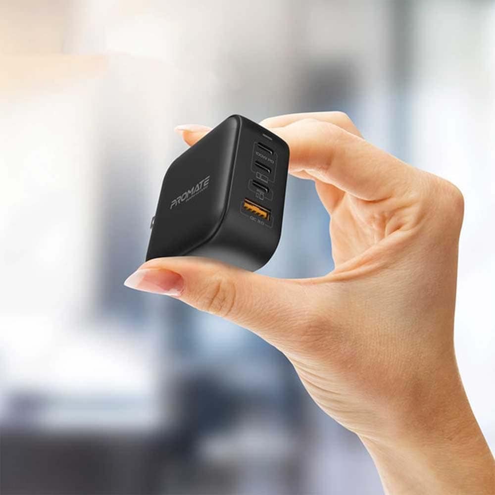 Incarcator retea PROMATE GaNPort4-100PD, 1xUSB-A, 3xUSB-C, priza UK, EU, AU, Power delivery (PD) 100W, negru
