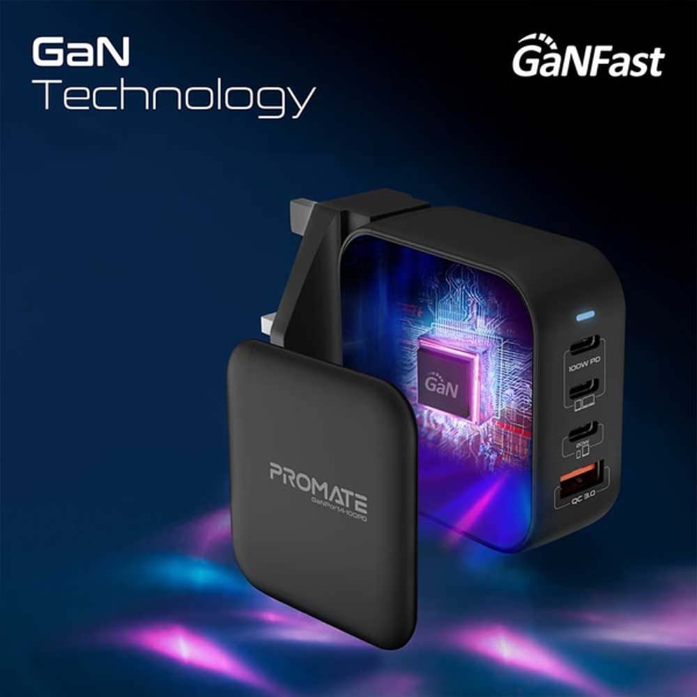 Incarcator retea PROMATE GaNPort4-100PD, 1xUSB-A, 3xUSB-C, priza UK, EU, AU, Power delivery (PD) 100W, negru