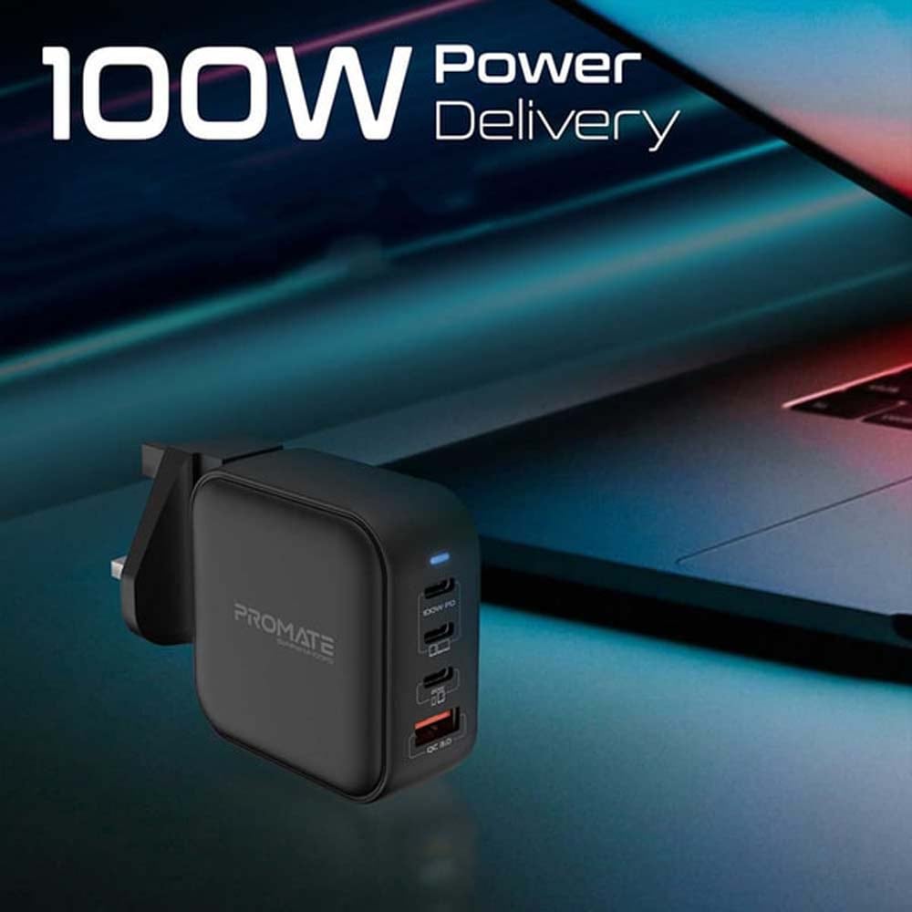 Incarcator retea PROMATE GaNPort4-100PD, 1xUSB-A, 3xUSB-C, priza UK, EU, AU, Power delivery (PD) 100W, negru