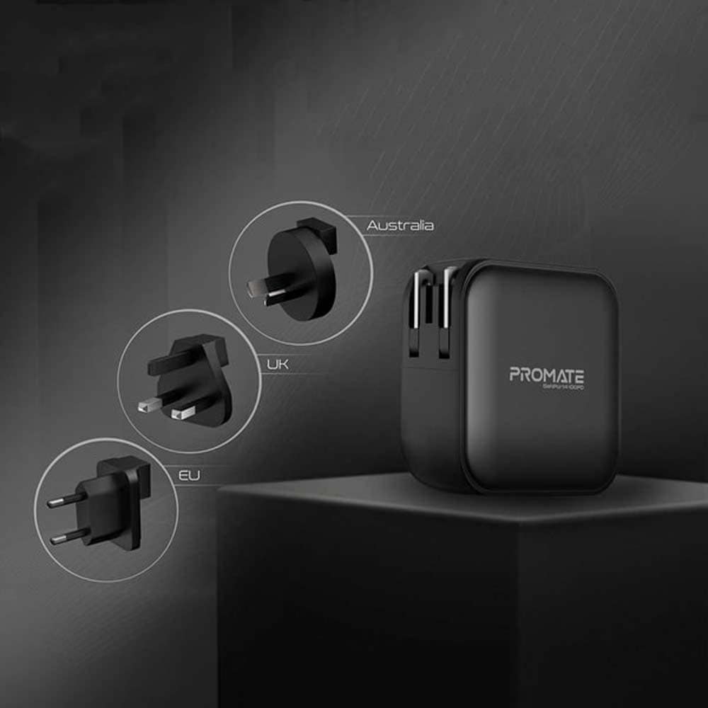 Incarcator retea PROMATE GaNPort4-100PD, 1xUSB-A, 3xUSB-C, priza UK, EU, AU, Power delivery (PD) 100W, negru