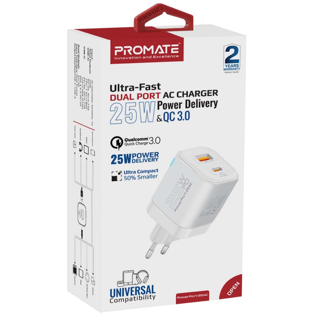 Incarcator retea PROMATE PowerPort-25AC, 1xUSB-C Power Delivery 25W, 1xUSB-A Quick Charge 18W, alb