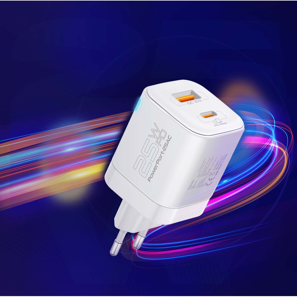 Incarcator retea PROMATE PowerPort-25AC, 1xUSB-C Power Delivery 25W, 1xUSB-A Quick Charge 18W, alb