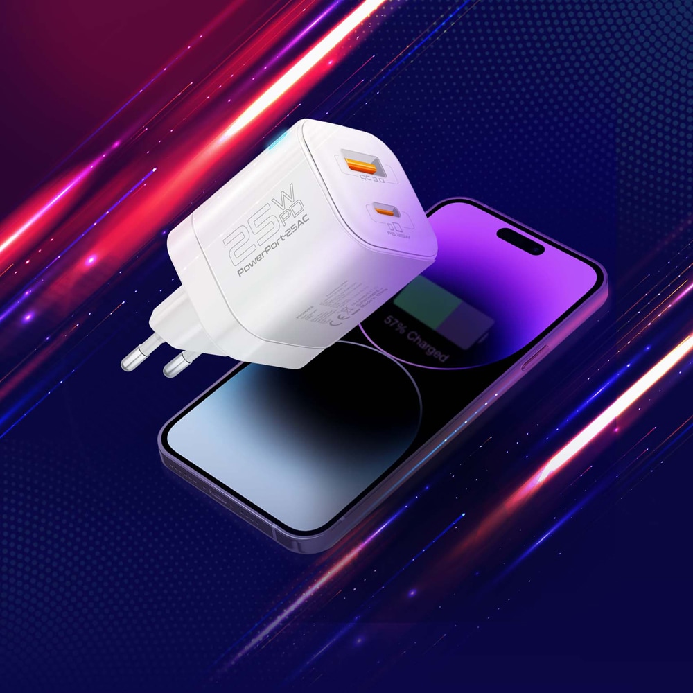 Incarcator retea PROMATE PowerPort-25AC, 1xUSB-C Power Delivery 25W, 1xUSB-A Quick Charge 18W, alb