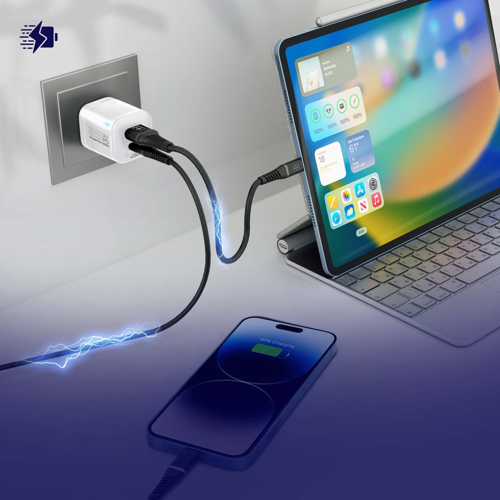 Incarcator retea PROMATE PowerPort-25AC, 1xUSB-C Power Delivery 25W, 1xUSB-A Quick Charge 18W, alb