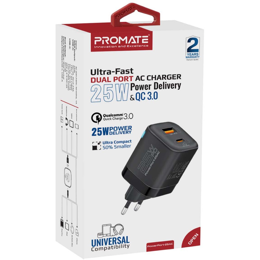 Incarcator retea PROMATE PowerPort-25AC, 1xUSB-C Power Delivery 25W, 1xUSB-A Quick Charge 18W, negru
