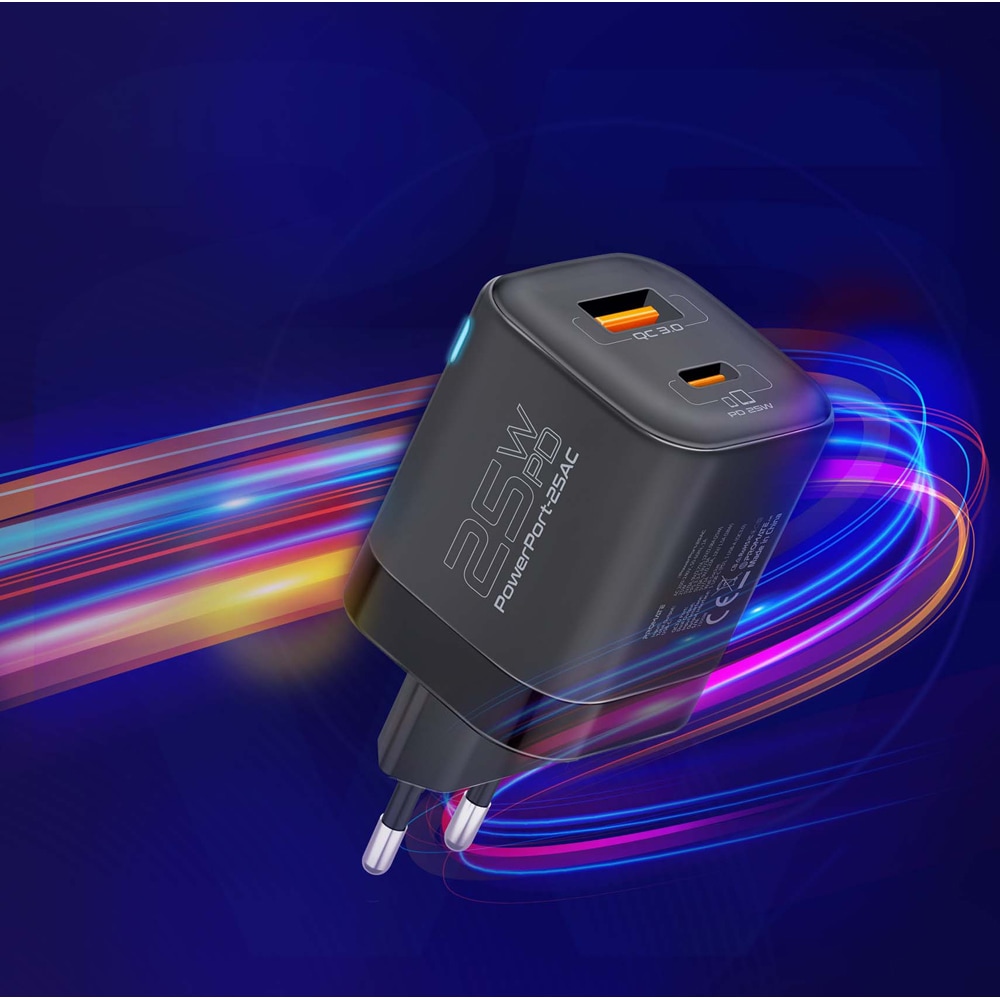 Incarcator retea PROMATE PowerPort-25AC, 1xUSB-C Power Delivery 25W, 1xUSB-A Quick Charge 18W, negru