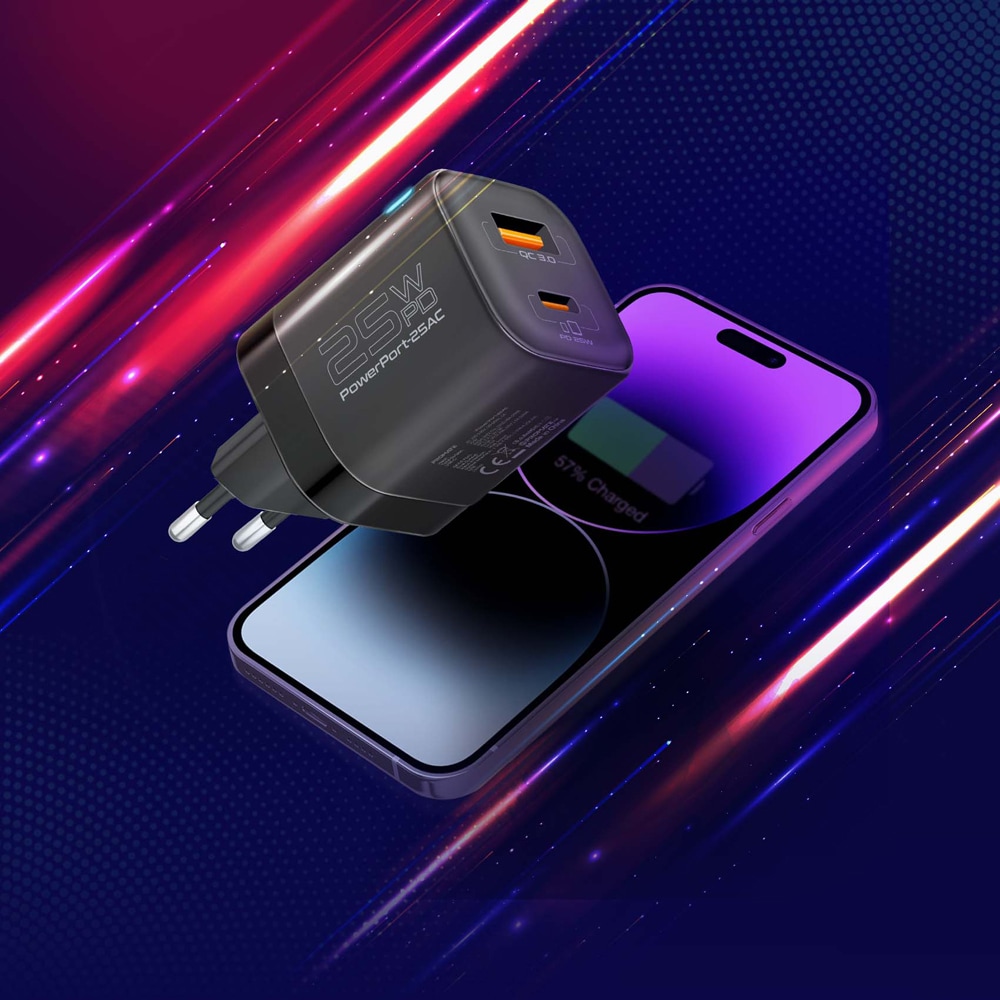 Incarcator retea PROMATE PowerPort-25AC, 1xUSB-C Power Delivery 25W, 1xUSB-A Quick Charge 18W, negru