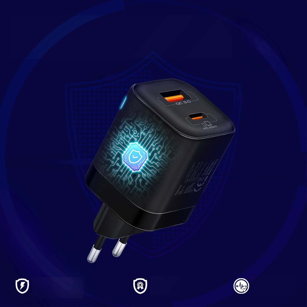 Incarcator retea PROMATE PowerPort-25AC, 1xUSB-C Power Delivery 25W, 1xUSB-A Quick Charge 18W, negru