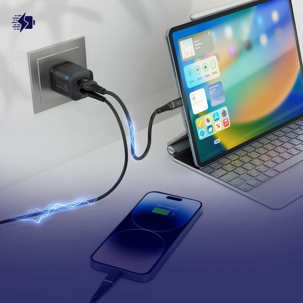 Incarcator retea PROMATE PowerPort-25AC, 1xUSB-C Power Delivery 25W, 1xUSB-A Quick Charge 18W, negru