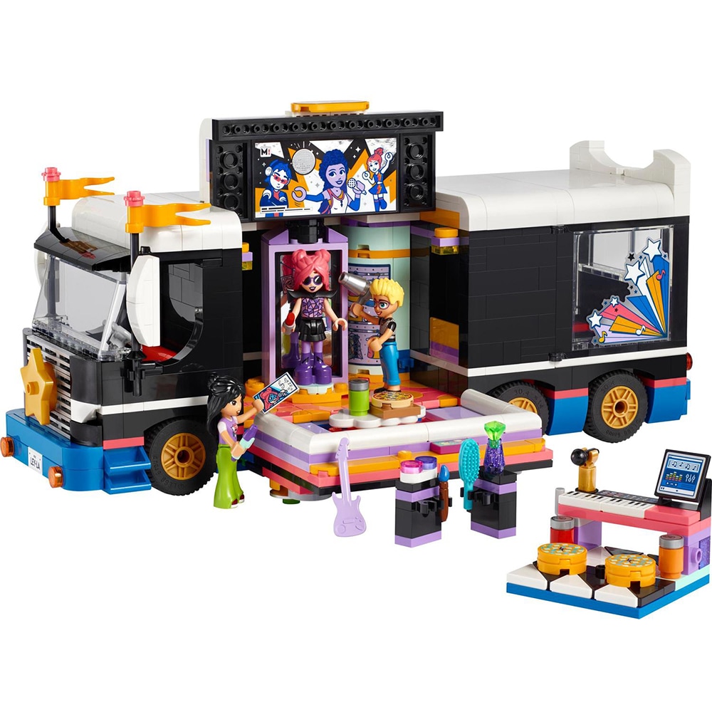 LEGO Friends: Autocar de turneu pentru staruri pop 42619, 8 ani+, 845 piese
