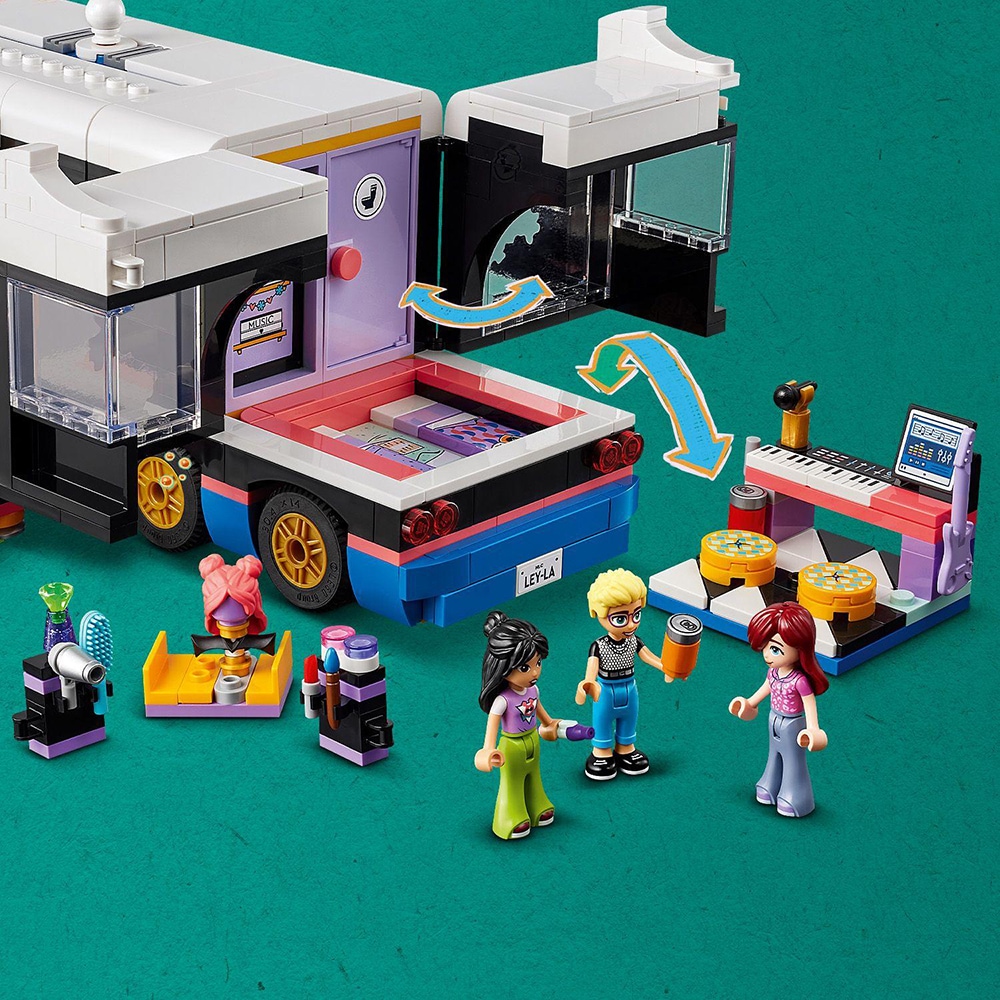 LEGO Friends: Autocar de turneu pentru staruri pop 42619, 8 ani+, 845 piese