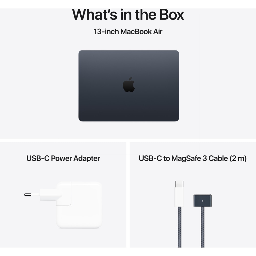 Laptop APPLE MacBook Air 13 mw123ro/a, Apple M4, 13.6" Retina Display, 16GB, SSD 256GB, 8-core GPU, macOS Sequoia, Midnight, Tastatura layout INT, Manual RO