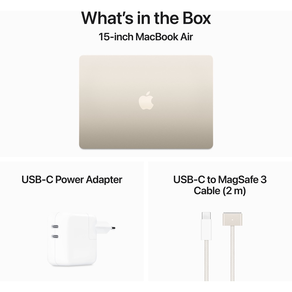 Laptop APPLE MacBook Air 15 mryr3ro/a, Apple M3, 15.3" Retina Display, 8GB, SSD 256GB, 10-core GPU, macOS Sonoma, Starlight, Tastatura layout INT
