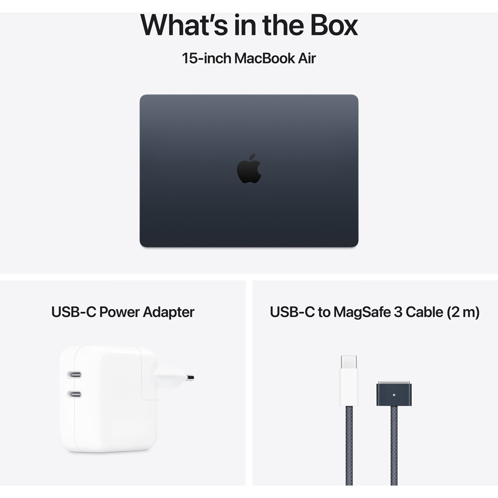 Laptop APPLE MacBook Air 15 mw1l3ro/a, Apple M4, 15.3" Retina Display, 16GB, SSD 256GB, 10-core GPU, macOS Sequoia, Midnight, Tastatura layout INT, Manual RO