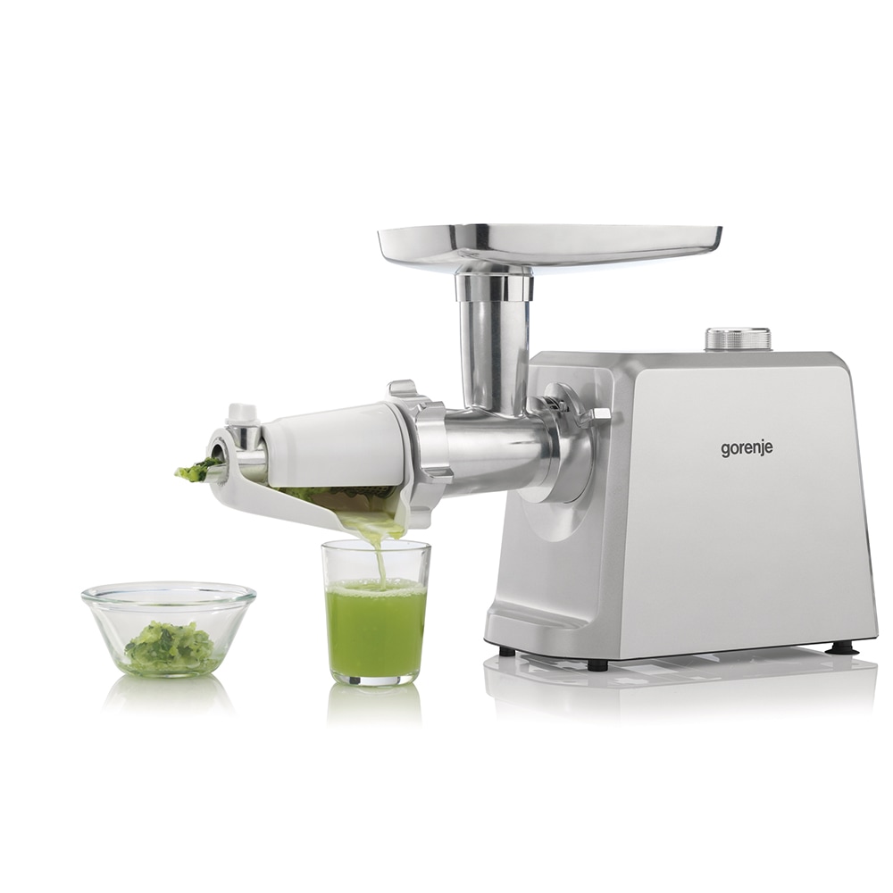 Masina de tocat carne GORENJE MG2502SJX, 2.4kg/min, 2500W, accesoriu carnati/suc de rosii/biscuiti, argintiu-alb