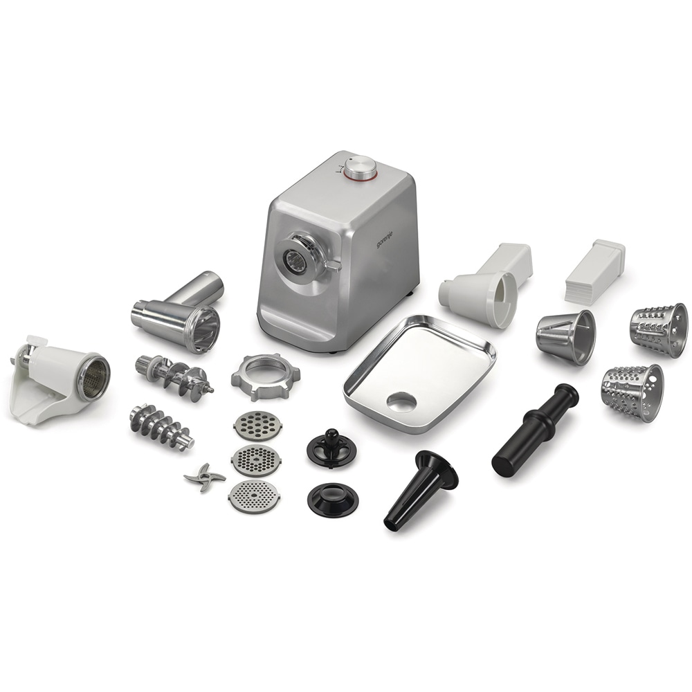 Masina de tocat carne GORENJE MG2502SJX, 2.4kg/min, 2500W, accesoriu carnati/suc de rosii/biscuiti, argintiu-alb
