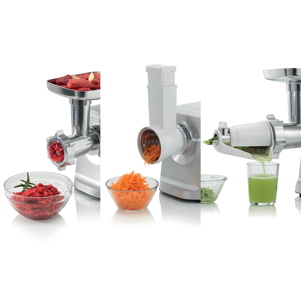 Masina de tocat carne GORENJE MG2502SJX, 2.4kg/min, 2500W, accesoriu carnati/suc de rosii/biscuiti, argintiu-alb
