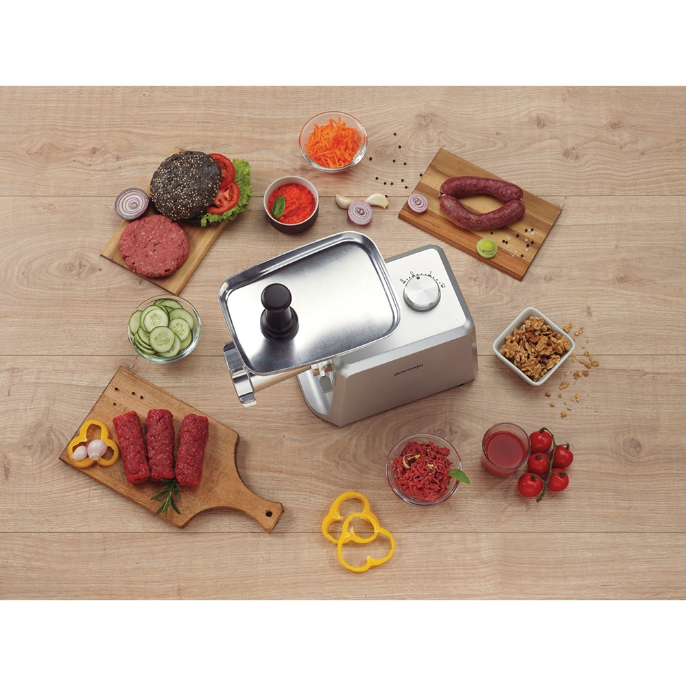 Masina de tocat carne GORENJE MG2502SJX, 2.4kg/min, 2500W, accesoriu carnati/suc de rosii/biscuiti, argintiu-alb