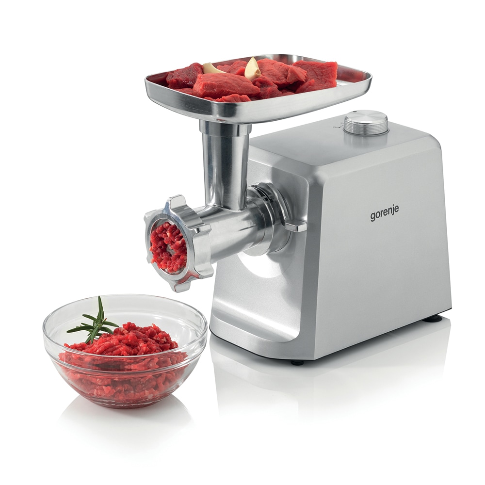 Masina de tocat carne GORENJE MG2502SJX, 2.4kg/min, 2500W, accesoriu carnati/suc de rosii/biscuiti, argintiu-alb