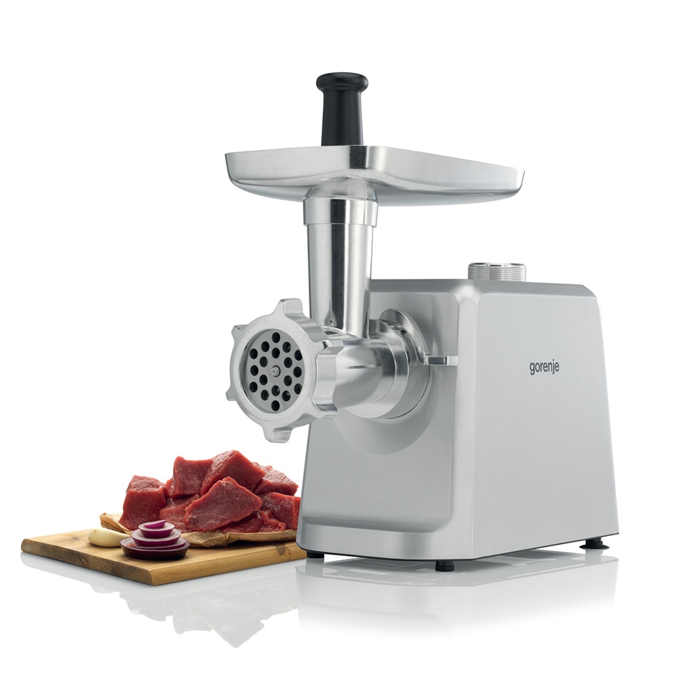 Masina de tocat carne GORENJE MG2502SJX, 2.4kg/min, 2500W, accesoriu carnati/suc de rosii/biscuiti, argintiu-alb