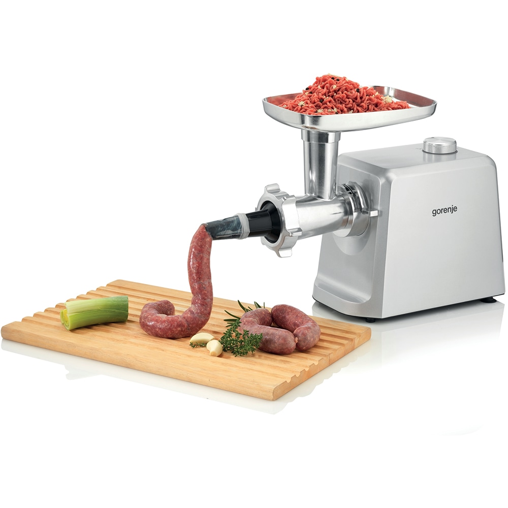 Masina de tocat carne GORENJE MG2502SJX, 2.4kg/min, 2500W, accesoriu carnati/suc de rosii/biscuiti, argintiu-alb