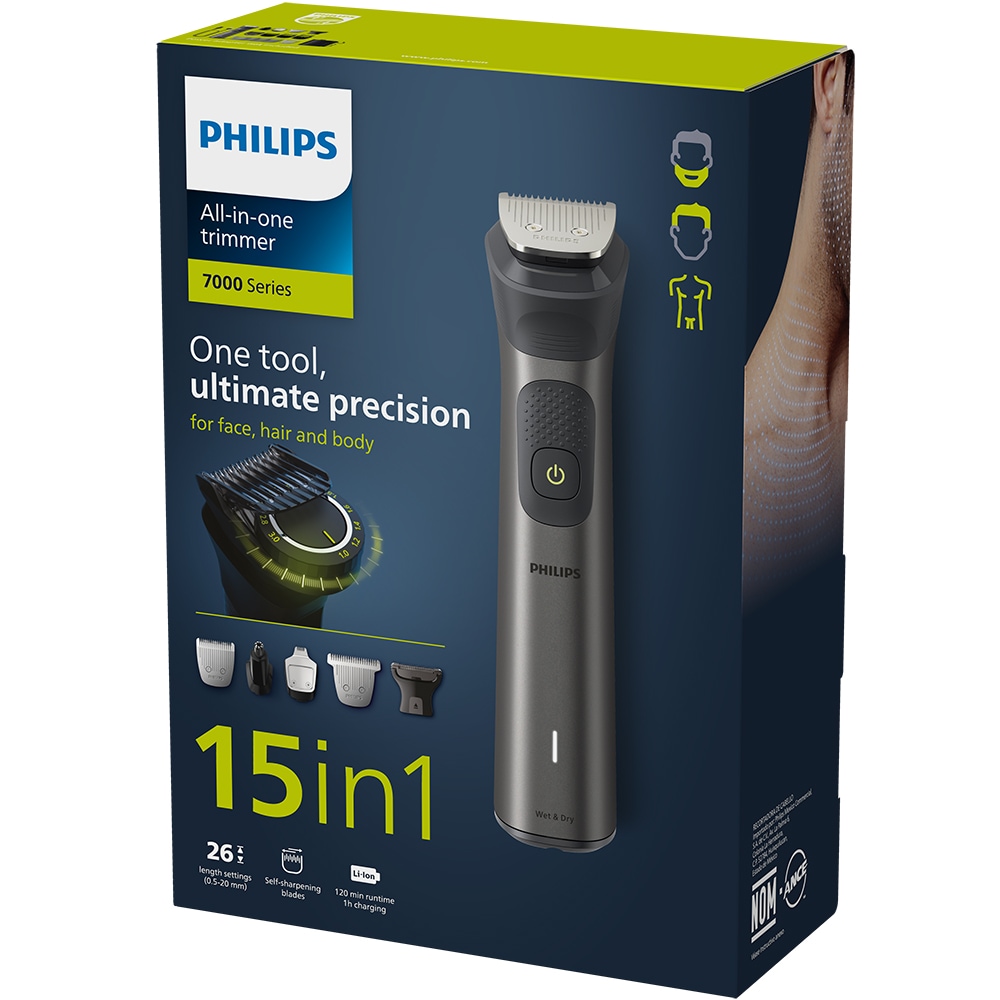 Aparat de tuns multifunctional 15 in 1 PHILIPS Multigroom Series 7000 MG7950/15, acumulator, autonomie 120 min, negru