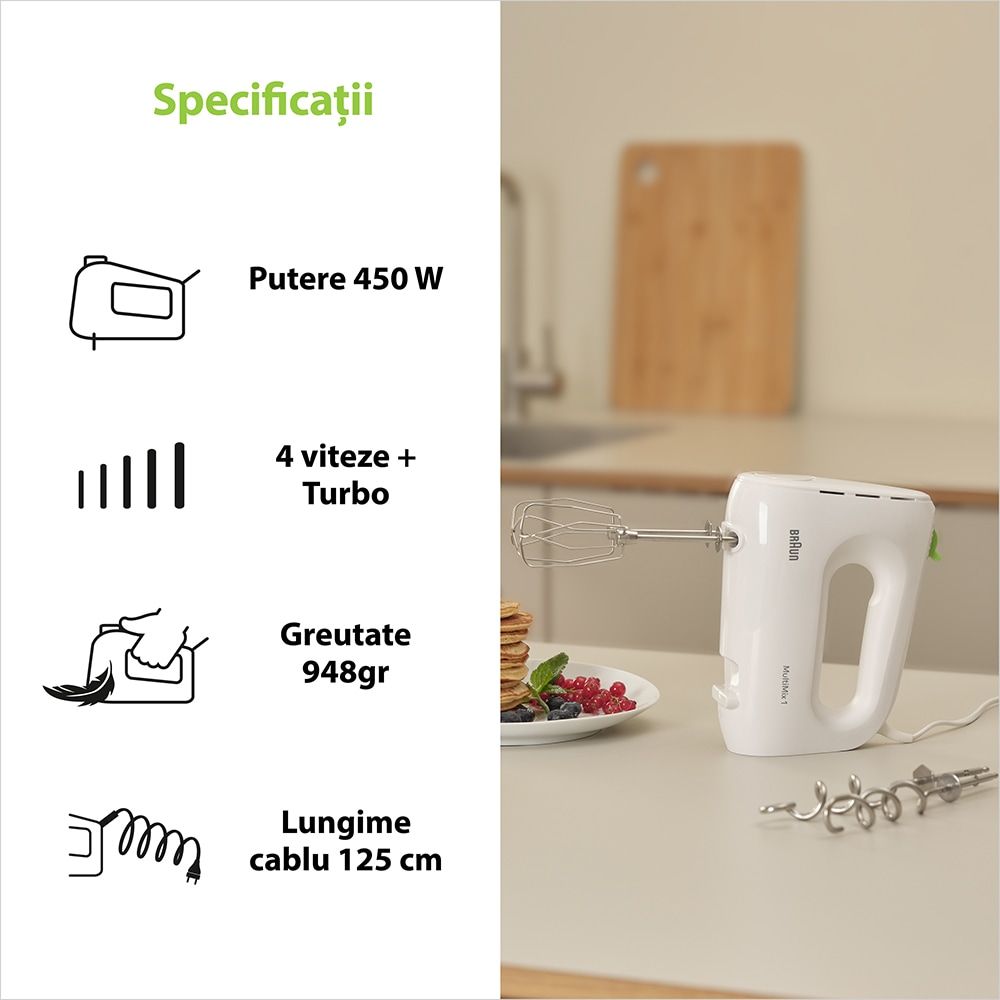 Mixer de mana BRAUN MultiMix 1 HM 1110 WH, 450W, 4 trepte viteza, alb-verde