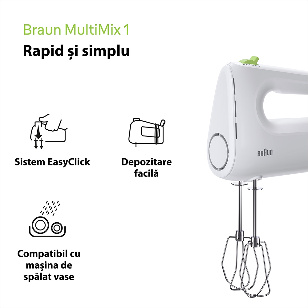 Mixer de mana BRAUN MultiMix 1 HM 1110 WH, 450W, 4 trepte viteza, alb-verde