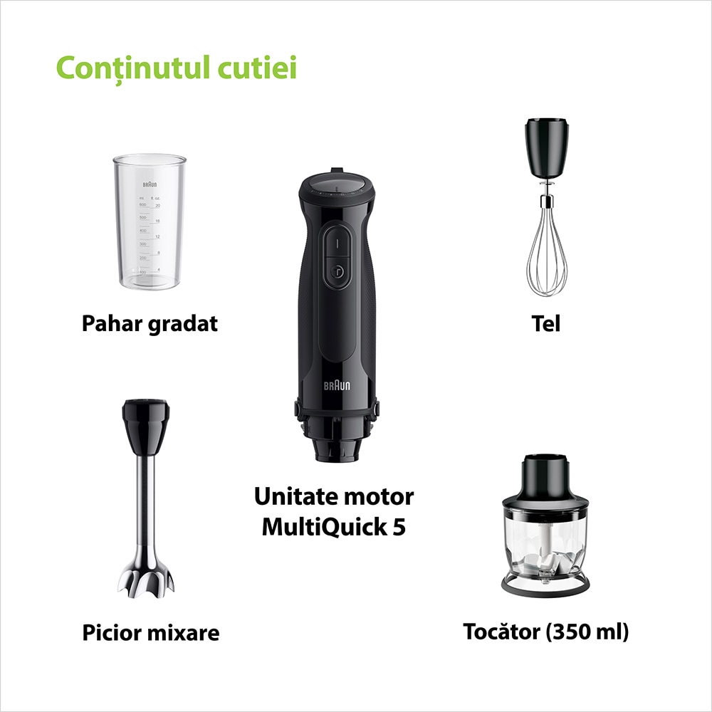Mixer vertical BRAUN MQ50202M, 0.6l, 1000W, 21 trepte viteza, negru