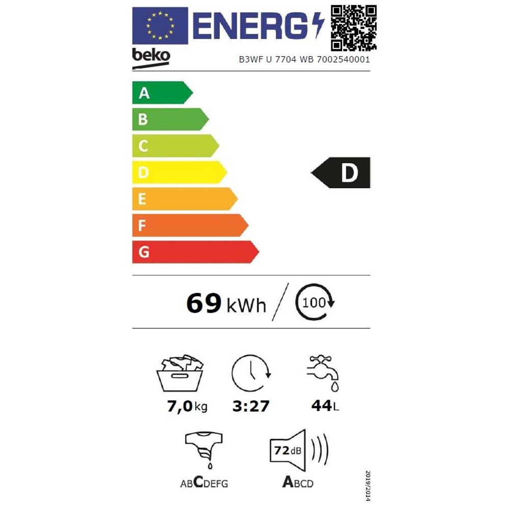 Masina de spalat rufe frontala BEKO B3WFU7704WB, SteamCure, 7kg, 1000rpm, Clasa D, alb
