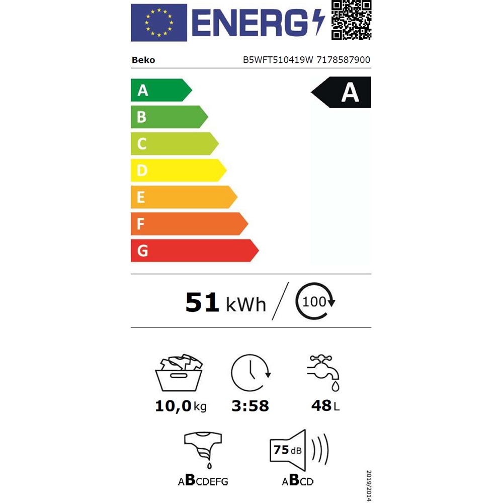 Masina de spalat rufe frontala BEKO B5WFT510419W, SteamCure, 10 kg, 1400rpm, Clasa A, alb