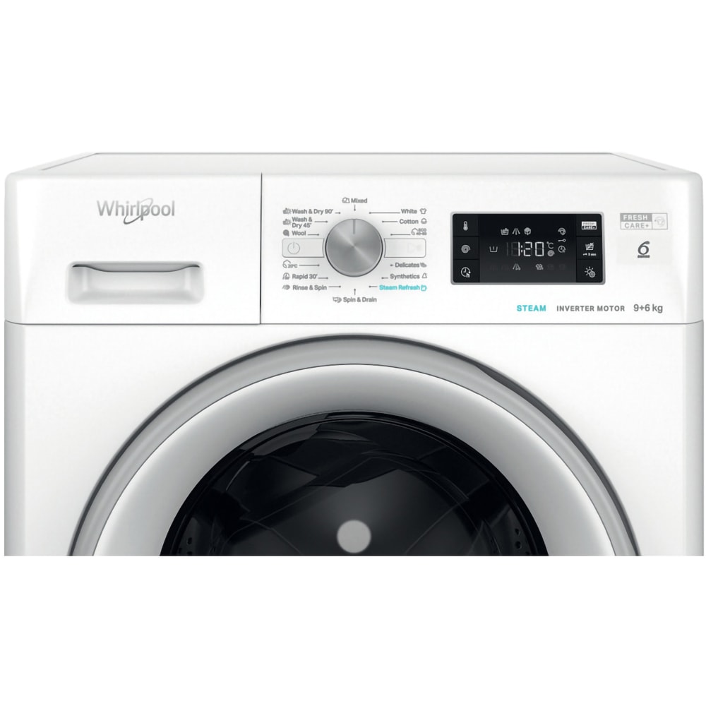 Masina de spalat rufe frontala cu uscator WHIRLPOOL FFWDB 964489 SV EE, 6th Sense, 9/6 kg, 1400rpm, Clasa A/C, alb