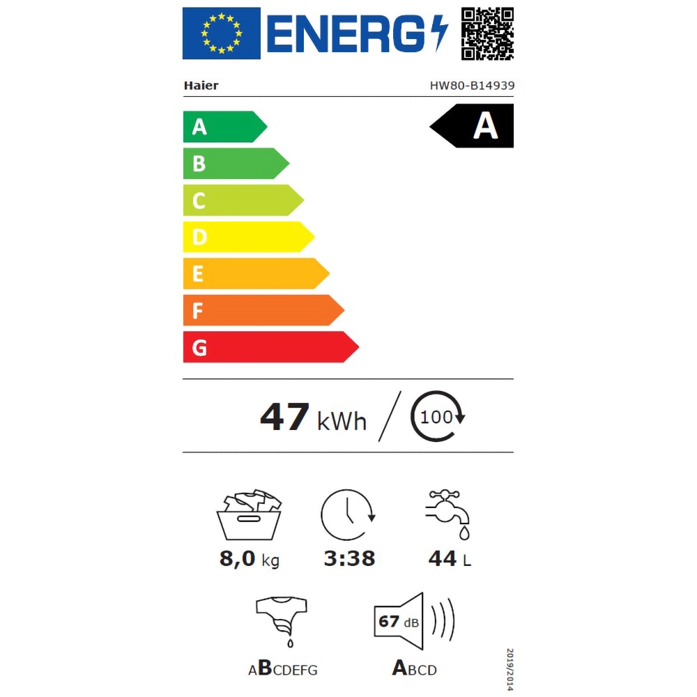 Masina de spalat rufe frontala HAIER HW80-B14939-S, 8 kg, 1400rpm, Clasa A, alb