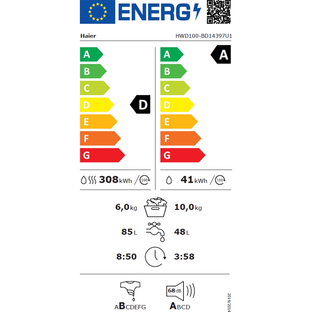 Masina de spalat rufe frontala cu uscator HAIER HWD100-B14397US, Wi-Fi, 10/6 kg, 1400rpm, Clasa A/D, alb