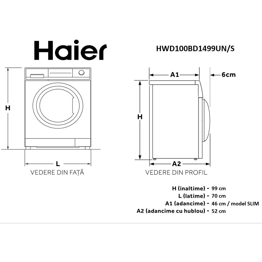 Masina de spalat rufe frontala slim cu uscator HAIER HWD100-BD149U1N, Wi-Fi, 10/6 kg, 1400rpm, Clasa A/D, alb