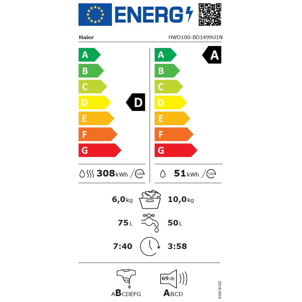 Masina de spalat rufe frontala slim cu uscator HAIER HWD100-BD149U1N, Wi-Fi, 10/6 kg, 1400rpm, Clasa A/D, alb