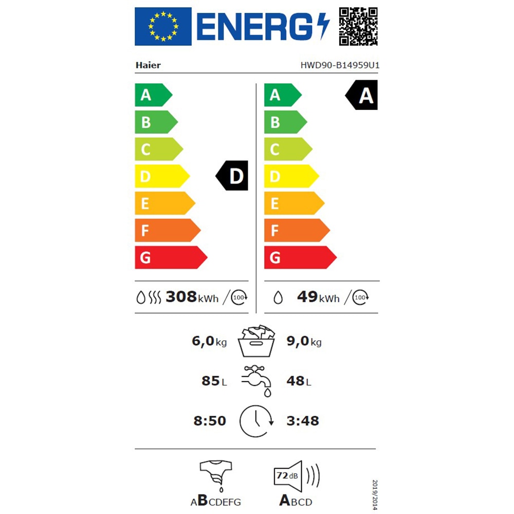 Masina de spalat frontala cu uscator HAIER HWD90-B14959U1-S, iRefresh, 9/6 kg, 1400rpm, Clasa A/D, alb