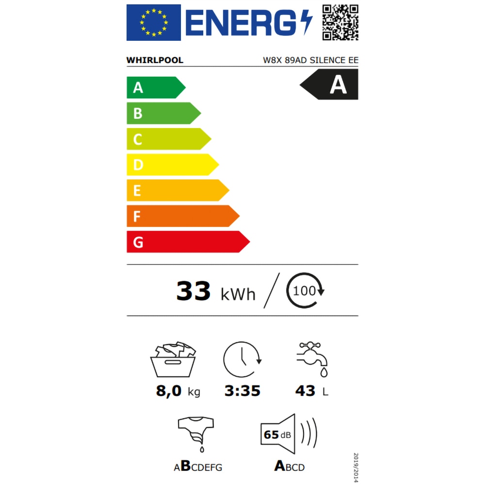 Eticheta energetica Masina de spalat rufe frontala WHIRLPOOL W8X 89AD SILENCE EE, Steam, 6th Sense, 8 kg, 1400rpm, Clasa A, alb