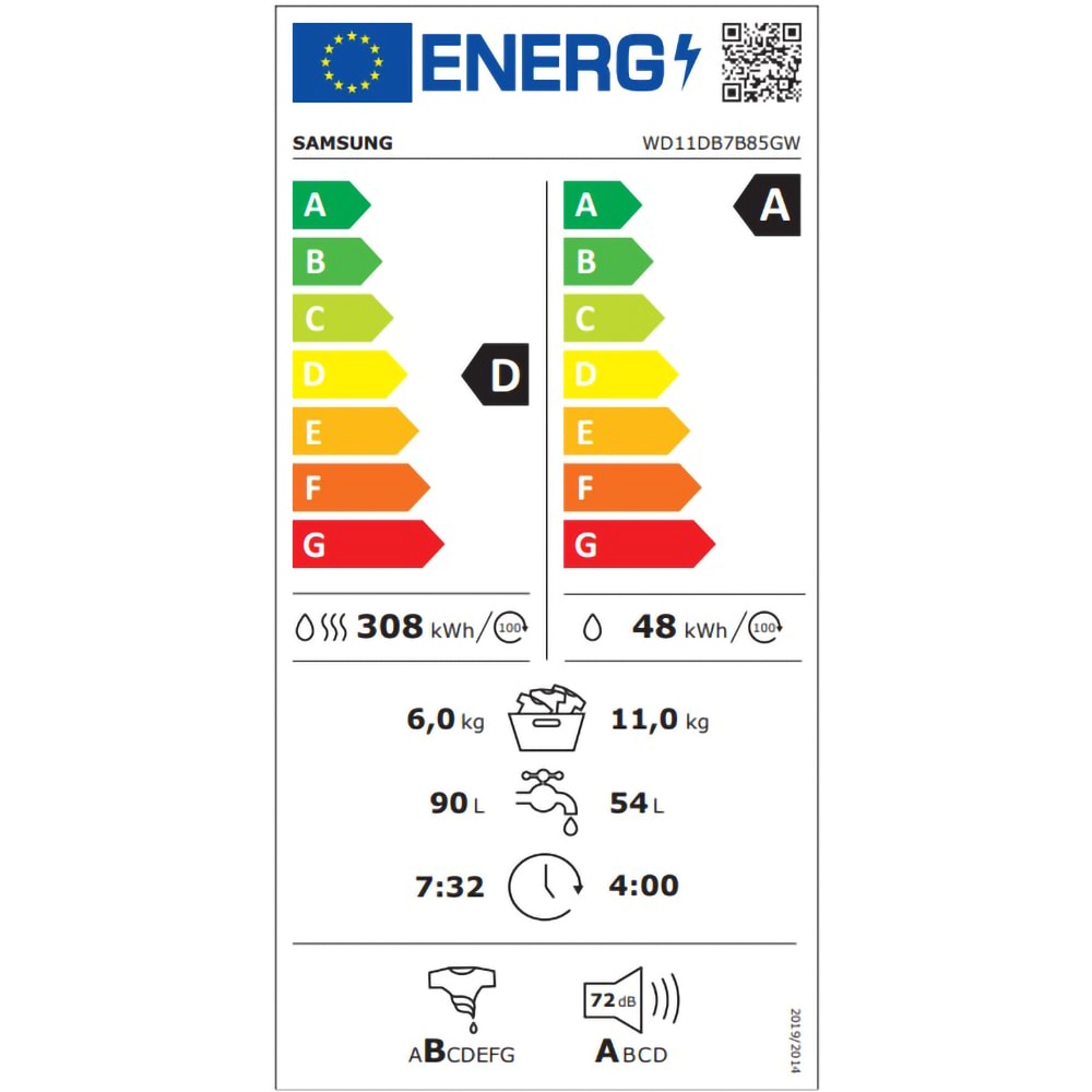 Masina de spalat rufe frontala cu uscator SAMSUNG WD11DB7B85GWU4, AI Control, Eco Bubble, 11/6 kg, 1400rpm, Clasa A/D, alb