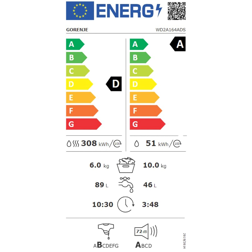 Masina de spalat rufe frontala cu uscator GORENJE WD2A164ADS, 10/6 kg, 1400rpm, Clasa A/D, alb