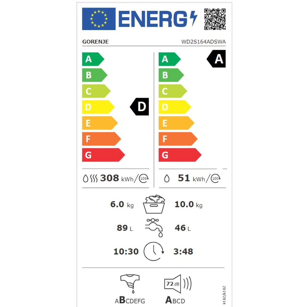 Masina de spalat rufe frontala cu uscator GORENJE WD2S164ADSWA, 10/6 kg, 1400rpm, Clasa A/D, alb