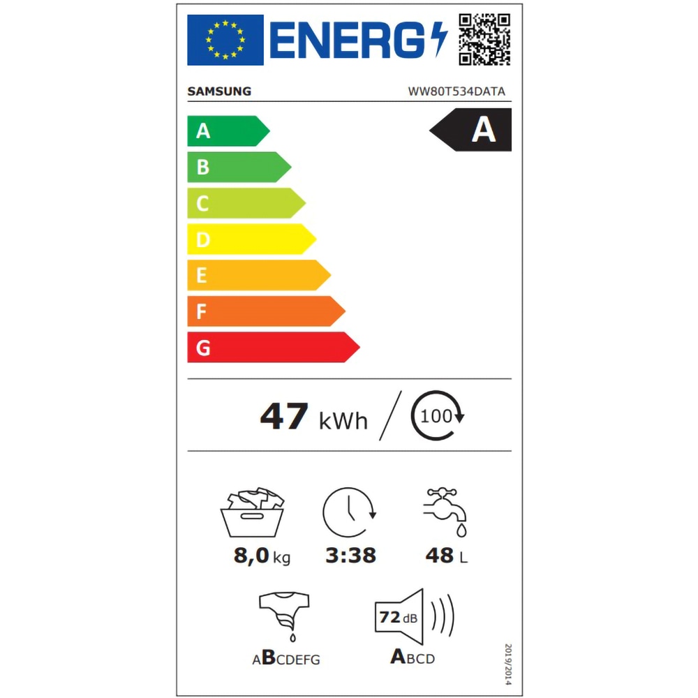 Masina de spalat rufe frontala SAMSUNG WW80T534DATAS7, AI Control, Eco Bubble, 8 kg, 1400rpm, Clasa A, alb