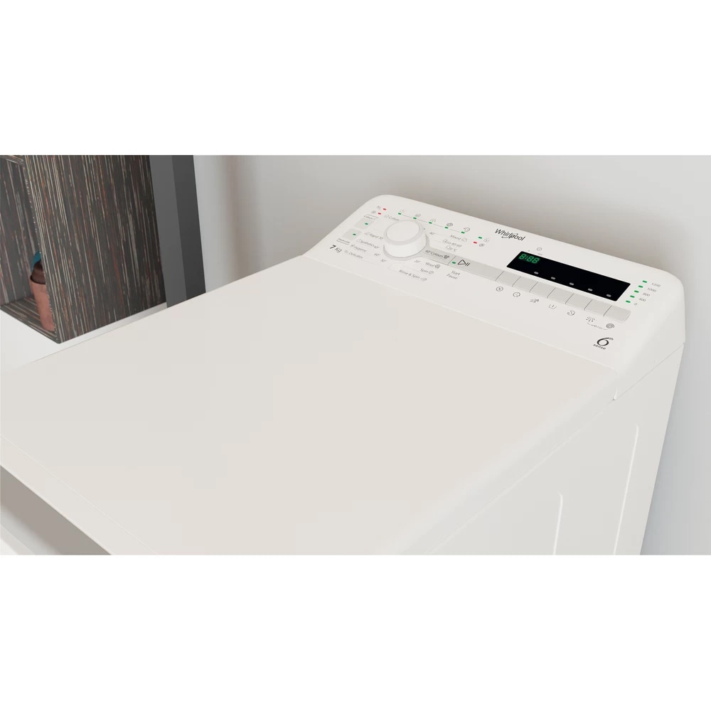Masina de spalat rufe verticala WHIRLPOOL TDLR 7220SS EU/N, 6th Sense, 7 kg, 1200rpm, Clasa E, alb