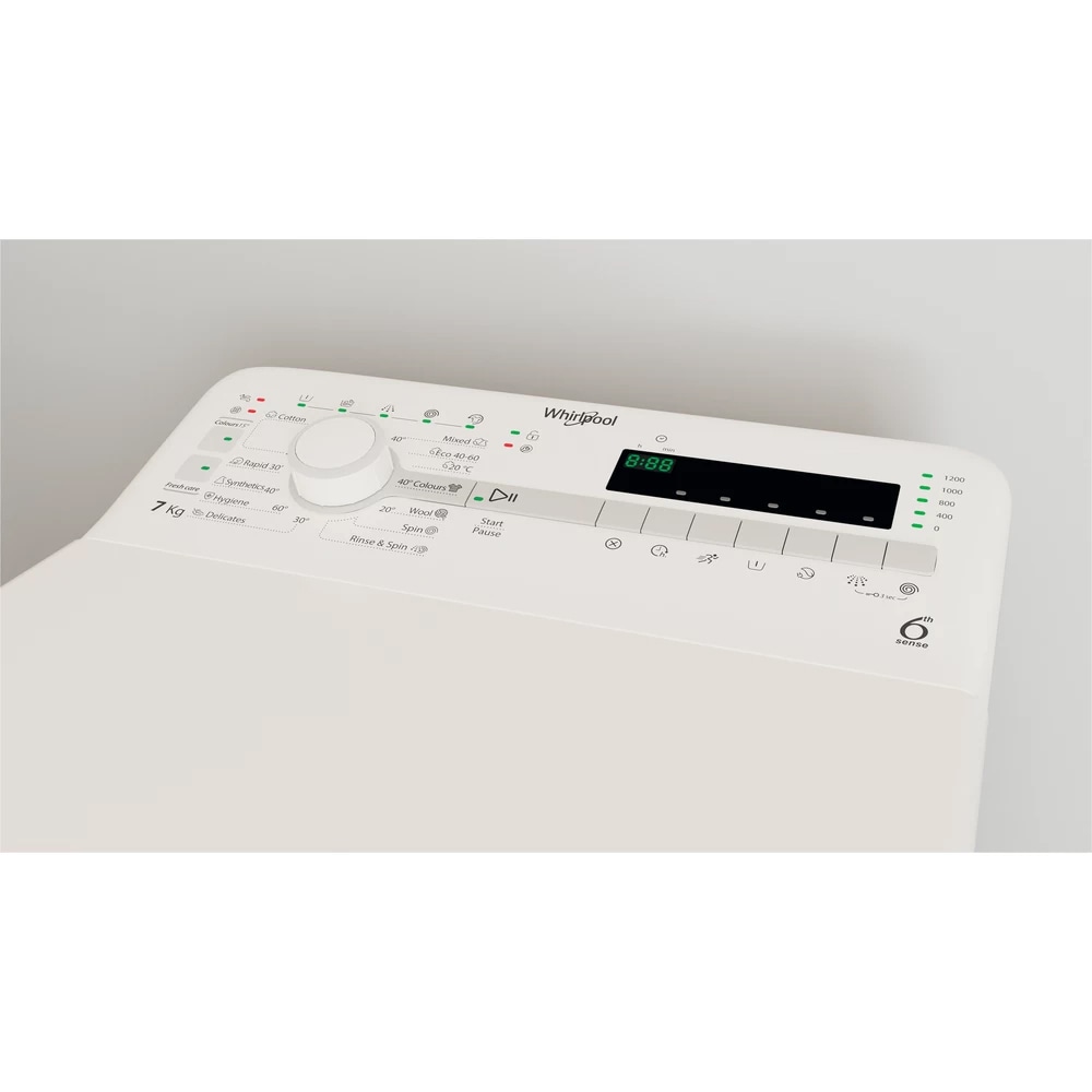 Masina de spalat rufe verticala WHIRLPOOL TDLR 7220SS EU/N, 6th Sense, 7 kg, 1200rpm, Clasa E, alb