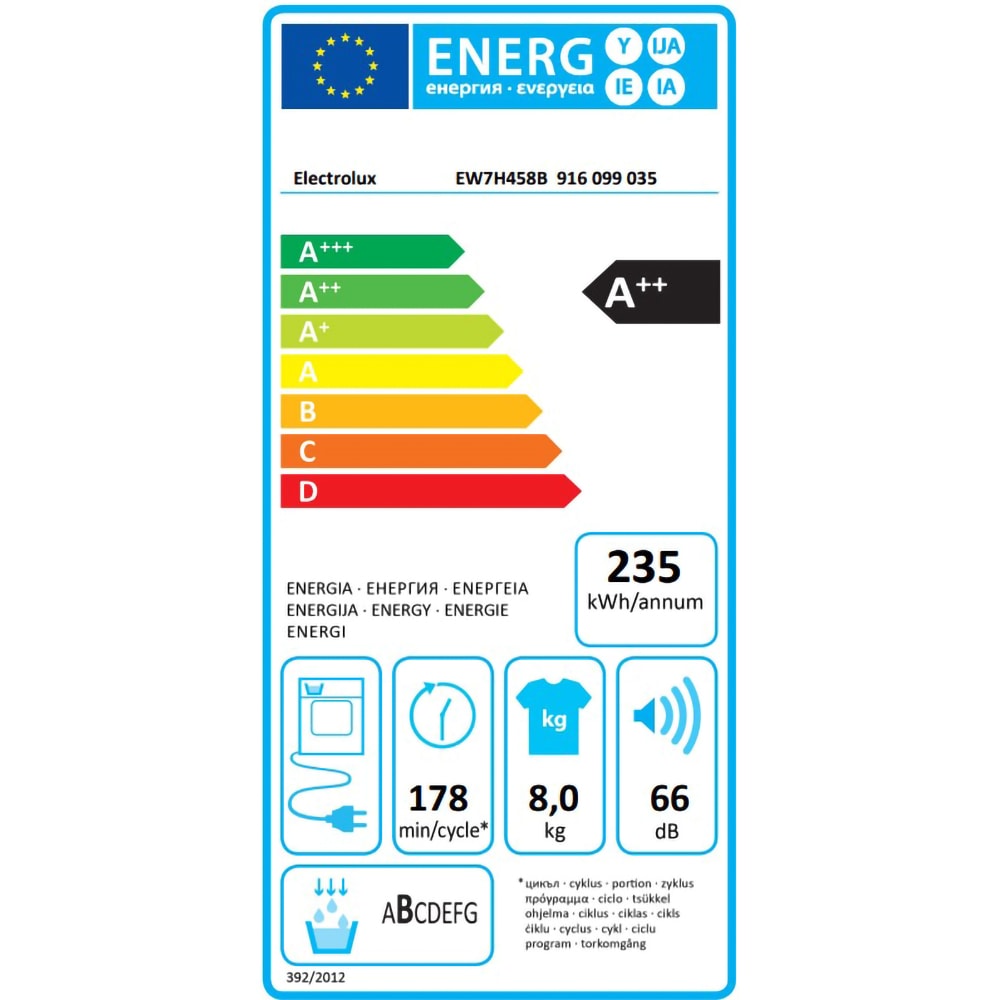 Uscator de rufe ELECTROLUX EW7H458B, Pompa de caldura, 8 kg, 12 programe, Clasa A++, alb