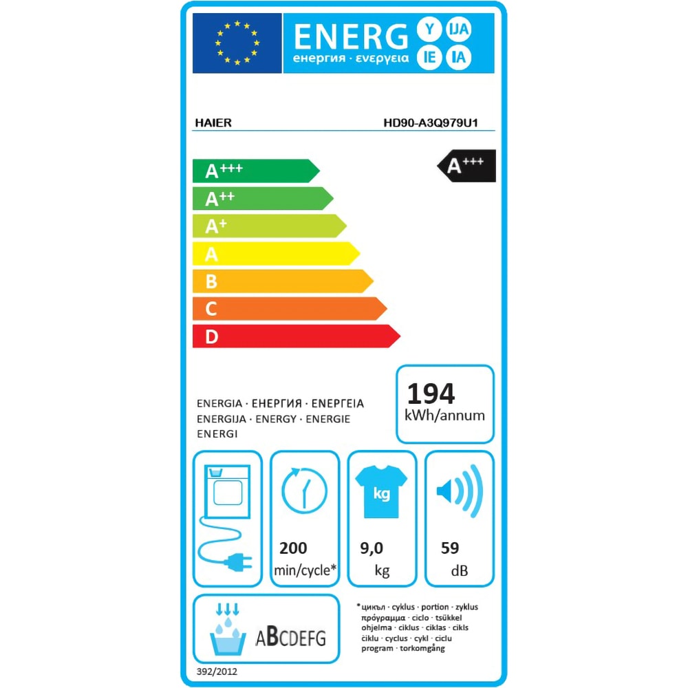 Uscator de rufe HAIER HD90-A3Q979U1, Pompa de caldura, Wi-Fi, 9 kg, 15 programe, Clasa A+++, alb