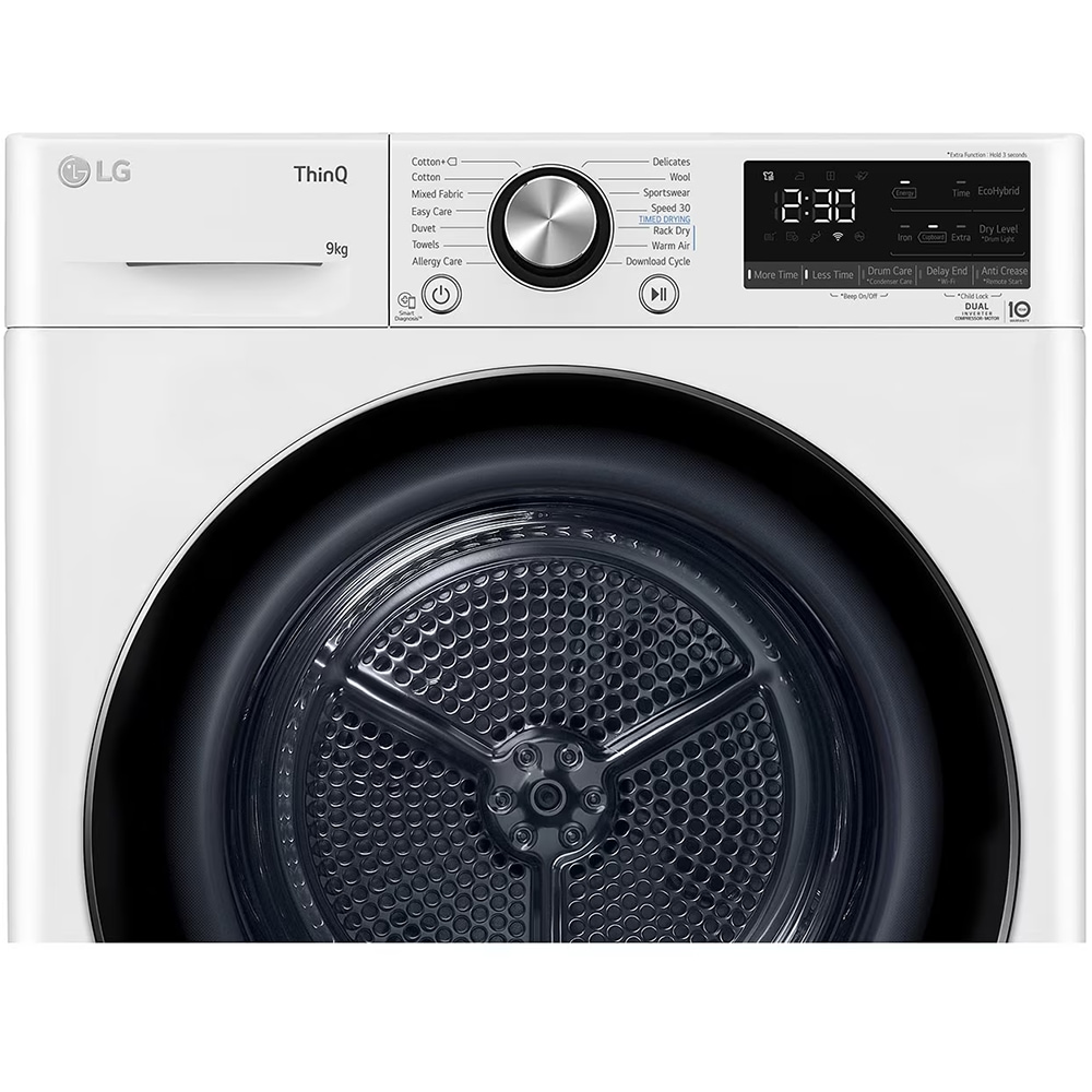 Uscator de rufe LG RH90V9AV2N, SmartThinQ, Condensare si pompa de caldura, 9Kg, 15 programe, Clasa A+++, alb