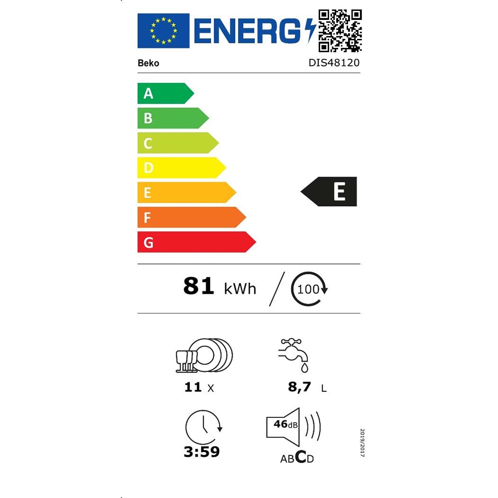 Masina de spalat vase incorporabila BEKO DIS48120, 11 seturi, 8 programe, 45 cm, Clasa E, panou comanda negru