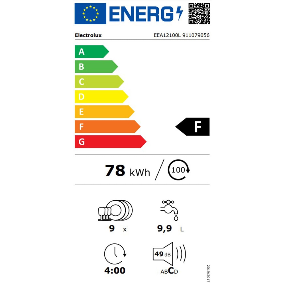 Masina de spalat vase incorporabila ELECTROLUX EEA12100L, 9 seturi, 5 programe, Clasa F, panou comanda negru